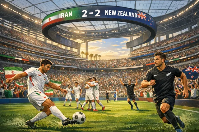 Iran and New Zealand players contest the ball at SoFi Stadium during the 2026 FIFA World Cup Group G match