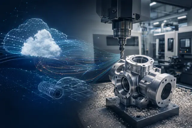 AI-generated illustration of precision CNC machining and software-driven manufacturing
