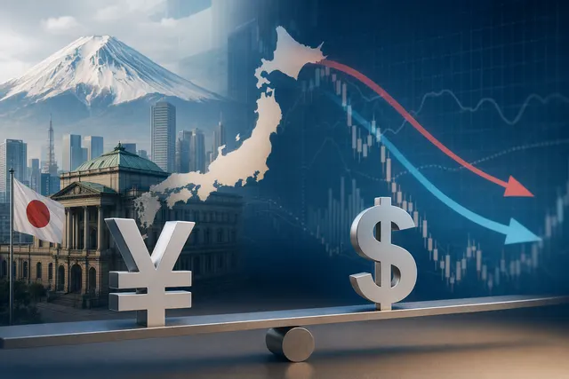 Concept illustration of USD/JPY exchange rate trends and yen outlook amid central bank policy shifts