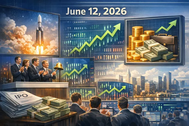 A financial chart depicting the historic surge of SpaceX shares on a trading screen, highlighting the record-breaking Nasdaq debut and the $2.1 trillion valuation.
