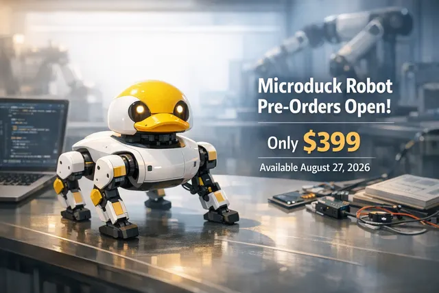 Hugging Face Microduck, a small duck-shaped bipedal robot with an articulated beak
