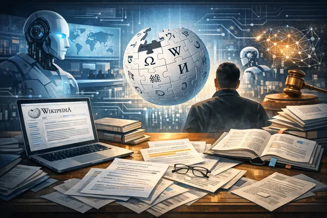 An abstract digital illustration showing a large human silhouette facing a glowing AI brain icon, with scattered Wikipedia-style puzzle globe elements and data streams, representin