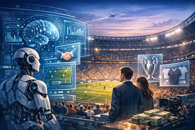 Illustration of Alibaba's AI-driven transformation, showing digital networks, cloud computing symbols, and a futuristic soccer stadium representing the UEFA partnership.