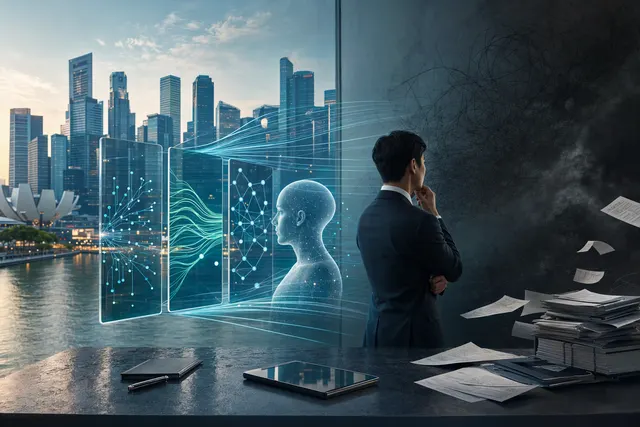 Editorial illustration about the gap between agentic AI adoption and decision auditability in Singapore