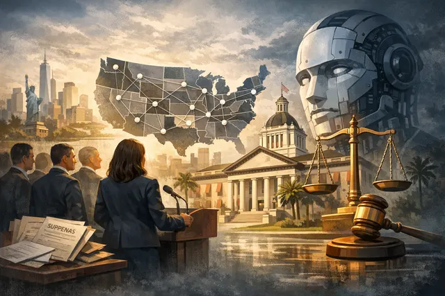 Legal documents and gavel representing state-level investigations into OpenAI