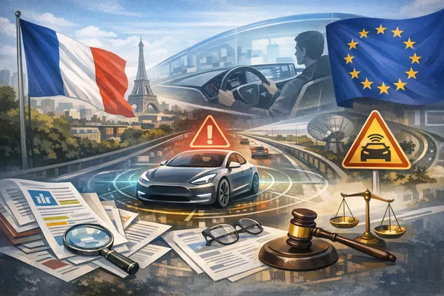 Tesla Full Self-Driving interface displayed on a car dashboard, illustrating the FSD driving-assistance system that France has blocked over speeding and driver attention concerns.
