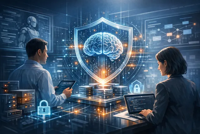Abstract visualization of AI-powered cybersecurity scanning code for vulnerabilities