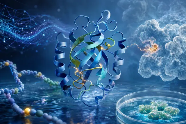 Editorial illustration about embedding detectable watermarks in AI-designed protein sequences and structures