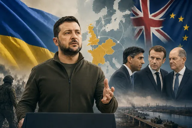 Editorial illustration of Volodymyr Zelensky, European leaders, and security alliances amid the Ukraine‑Russia war