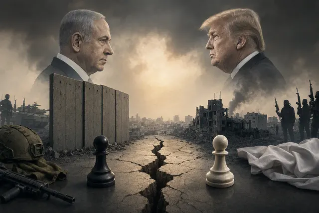 Editorial illustration representing the Gaza ceasefire and negotiations over disarmament and troop withdrawal