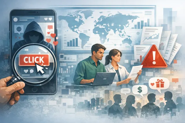 Abstract representation of cybersecurity threats: a shield icon surrounded by binary code, malware symbols, and connected nodes representing ClickFix, AI malware, and ransomware in
