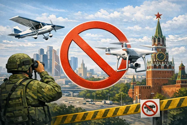 Aerial view of Moscow cityscape with a drone silhouette overlaid, representing the June 2026 airspace ban