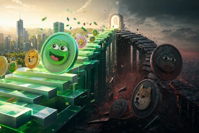 Editorial illustration for an analysis of Robinhood Chain’s memecoin boom and retreat.