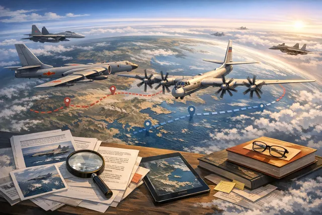 Graphic illustration of China-Russia joint strategic air patrol showing H-6K and Tu-95 bombers flying over the Sea of Japan with fighter escort.