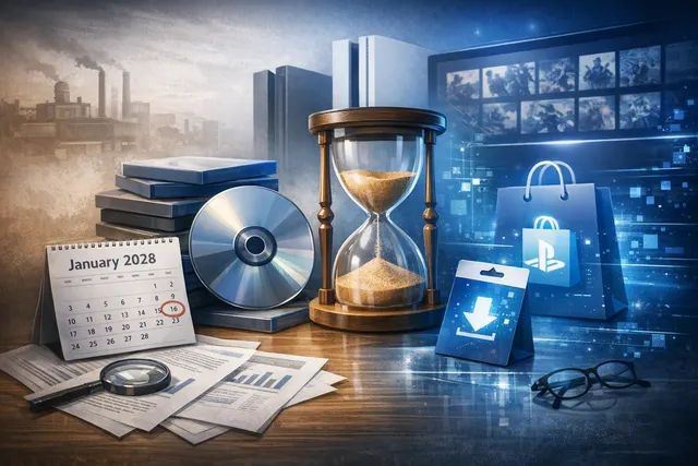 Editorial illustration of a PlayStation game disc transitioning into a digital download code, representing Sony’s planned 2028 shift away from physical game discs