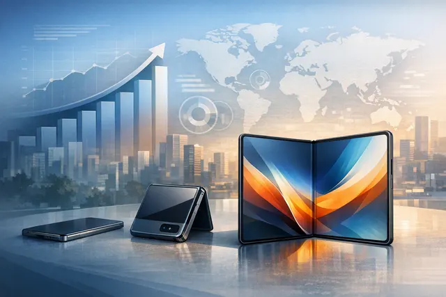Editorial illustration of book-style foldable smartphones representing the 2026 global market