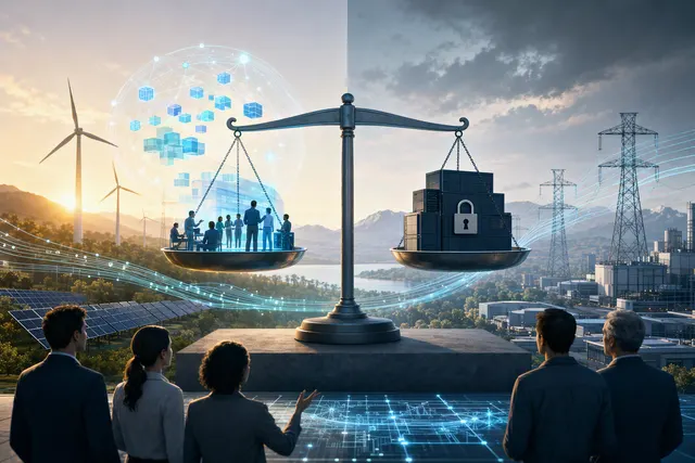 Illustration of a modern electricity grid and software systems connected across an energy network