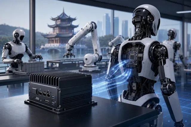 AI-generated editorial illustration accompanying an article about Praxis One and on-robot AI computing