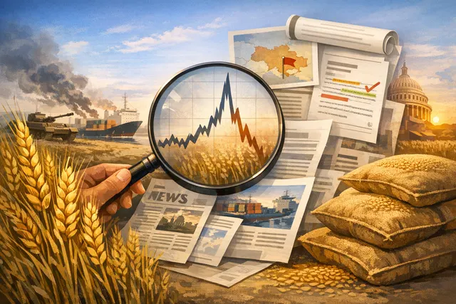 A dramatic visualization of wheat futures price charts, grain silos, and global shipping routes, illustrating the volatility in agricultural commodity markets.