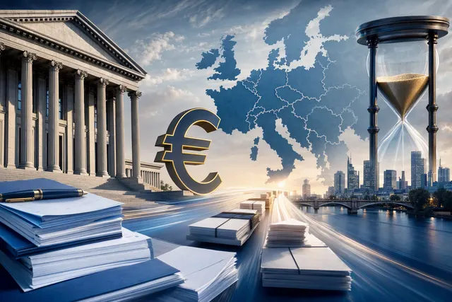 Editorial illustration of European high-yield debt refinancing amid rising interest rates