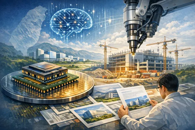 TSMC HeJian (Chiayi) advanced packaging facility construction site with steel structures under AI chip expansion