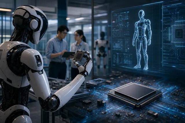 AI-generated editorial illustration accompanying coverage of PrimeBot and Ricore’s robot-compute partnership