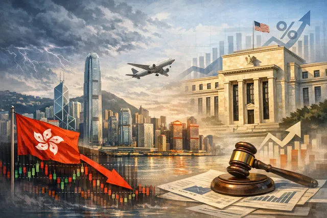Hang Seng Index trading board and Fed building composite visual