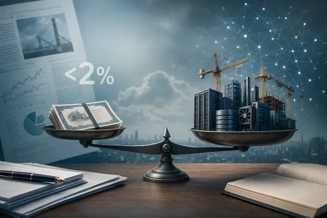Editorial illustration of AI infrastructure financing and technology bonds