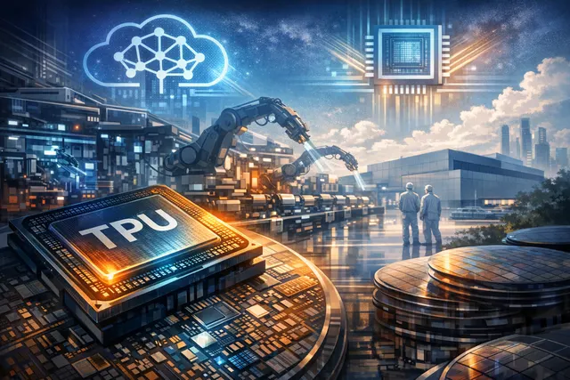 Editorial illustration of Intel's foundry breakthrough, showing Google TPU order and Nvidia testing represented through semiconductor and AI imagery on June 8, 2026