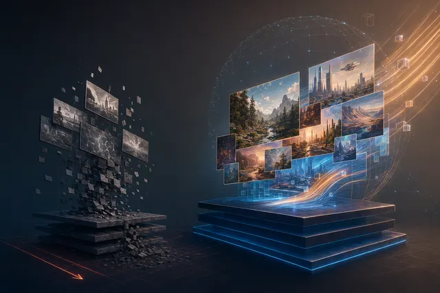 Concept illustration of AI world models learning from video data to simulate real environments