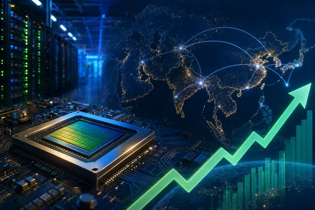 Illustration of semiconductor chips and AI servers representing the global chip stock rally after Nvidia earnings