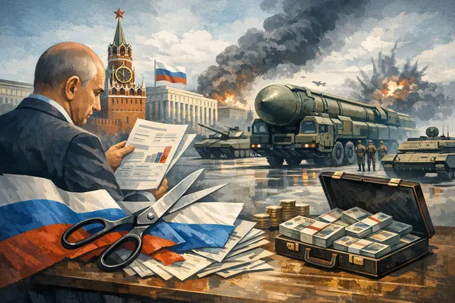 Dimly lit boardroom scene showing Russian financial documents, ruble notes, and a war expenditure chart, symbolizing secret budget warnings to Putin.