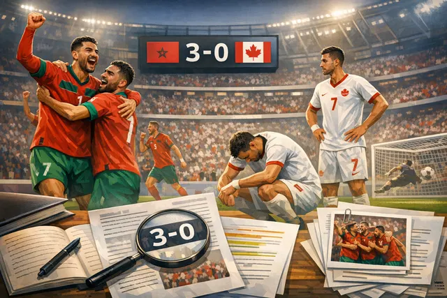 Morocco's Azzedine Ounahi celebrating after scoring against Canada in the 2026 World Cup Round of 16 match at NRG Stadium in Houston.