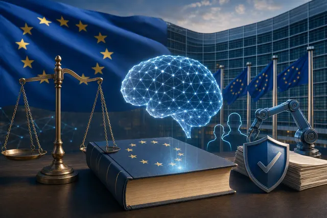 Editorial illustration representing AI regulation and compliance in the European Union