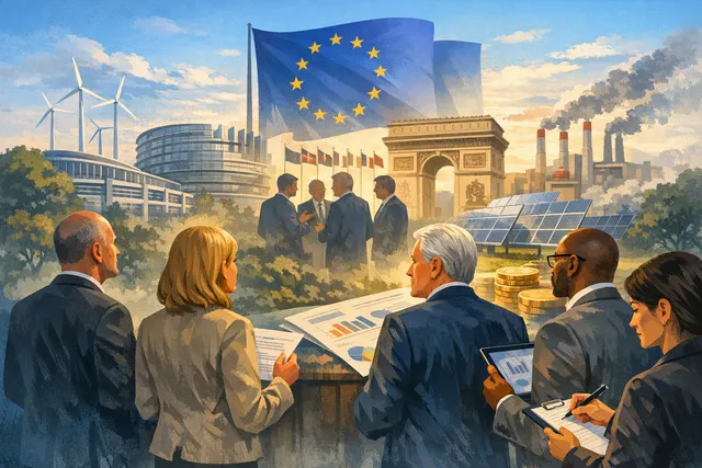 A conceptual illustration of the European Union flag merged with industrial smokestacks and green digital finance graphs, symbolizing the clash between carbon market policy and ind