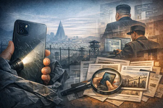 Illustration of a North Korean smartphone showing a restricted network and surveillance interface