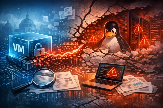 A conceptual illustration of a virtual machine escape attack, showing a crack in a glass wall labeled 'VM' with a network of circuits in the background.