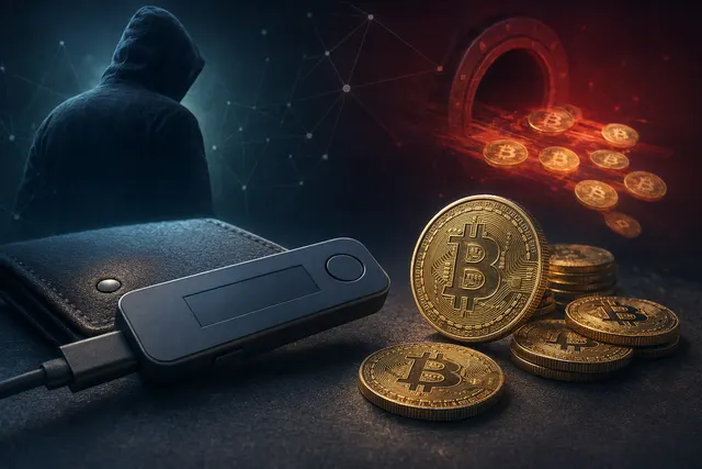 Editorial illustration for the reported theft of 80 Bitcoin from a Ledger hardware wallet
