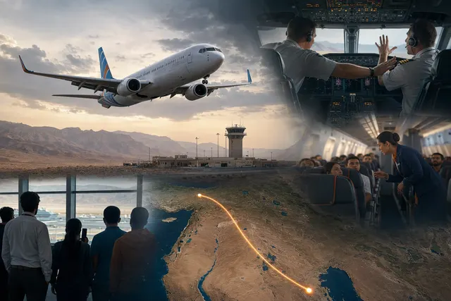 AI-generated editorial illustration for coverage of Flydubai flight FZ1073 and its diversion to Tabuk.