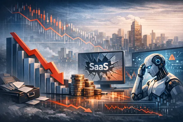 A visual representation of a collapsing software market graph behind the Berlin skyline, signifying the 'SaaSpocalypse' and the private equity industry gathering at SuperReturn.