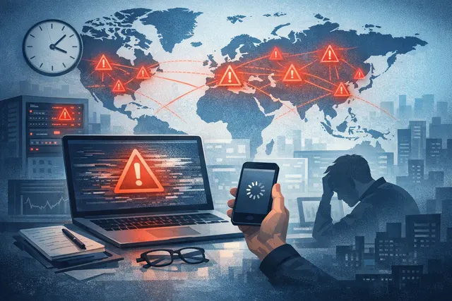 Illustration of a global ChatGPT Work outage with an error screen and disrupted AI tasks