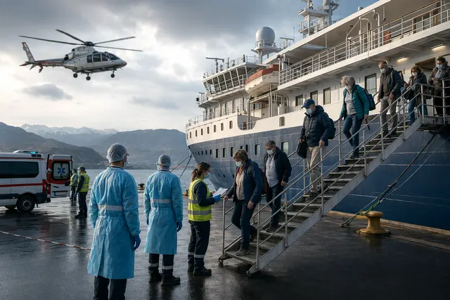 Illustration of the MV Hondius cruise ship evacuation during a hantavirus outbreak