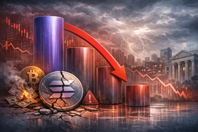 An abstract visualization of Solana's futures market deleveraging, showing a declining open interest chart against a backdrop of critical support levels near $80.