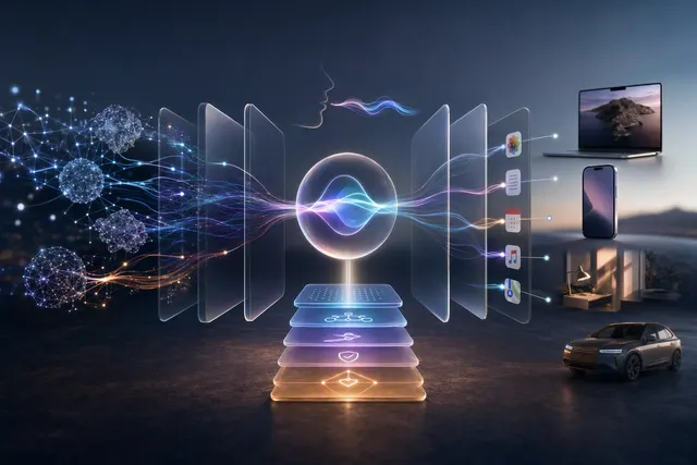 Editorial illustration of Siri connecting to multiple AI models through an Apple device interface