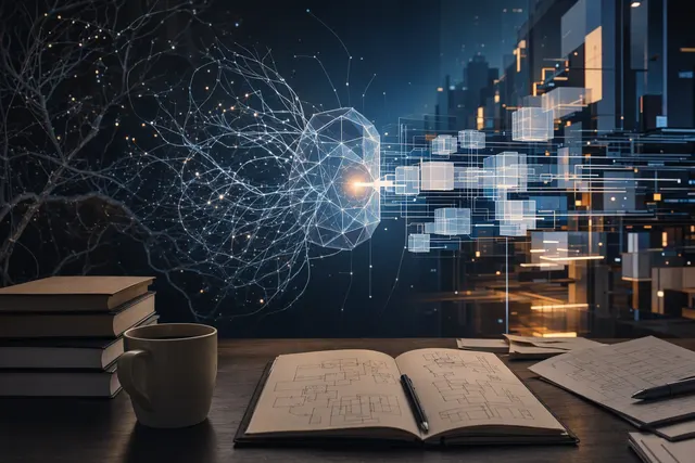 AI-generated editorial illustration accompanying an article about TypeSafe AI’s Jev decision model