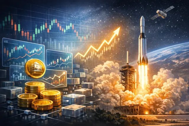 Abstract visualization of the SpaceX IPO driving on-chain tokenized stock trading volume past $20 billion, with Solana and Jupiter as the dominant infrastructure.