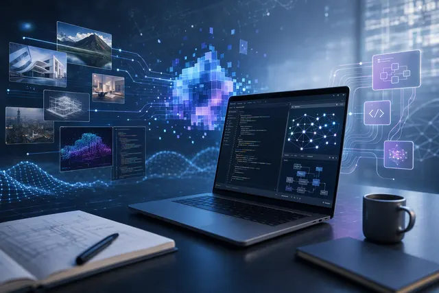 Editorial illustration of an AI system analyzing code, technical drawings, and visual documents