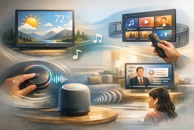 Google Nest Hub smart display showing Gemini for Home weather charts and conversational news interface in a modern living room.