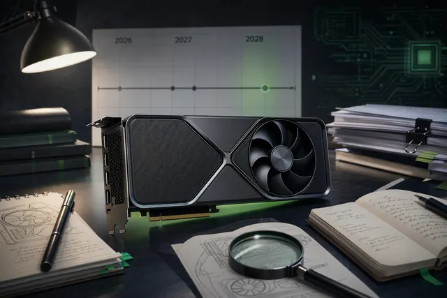 Editorial illustration of Nvidia and AMD next-generation gaming GPU rumors pointing to 2028