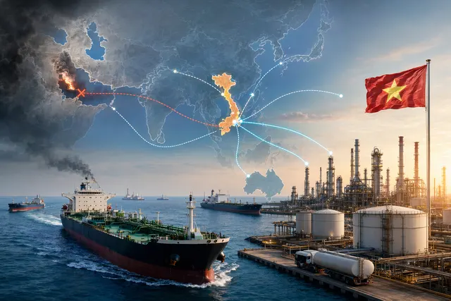 Illustration of oil tankers and global supply routes reflecting Vietnam’s shift in crude imports after the Strait of Hormuz disruption